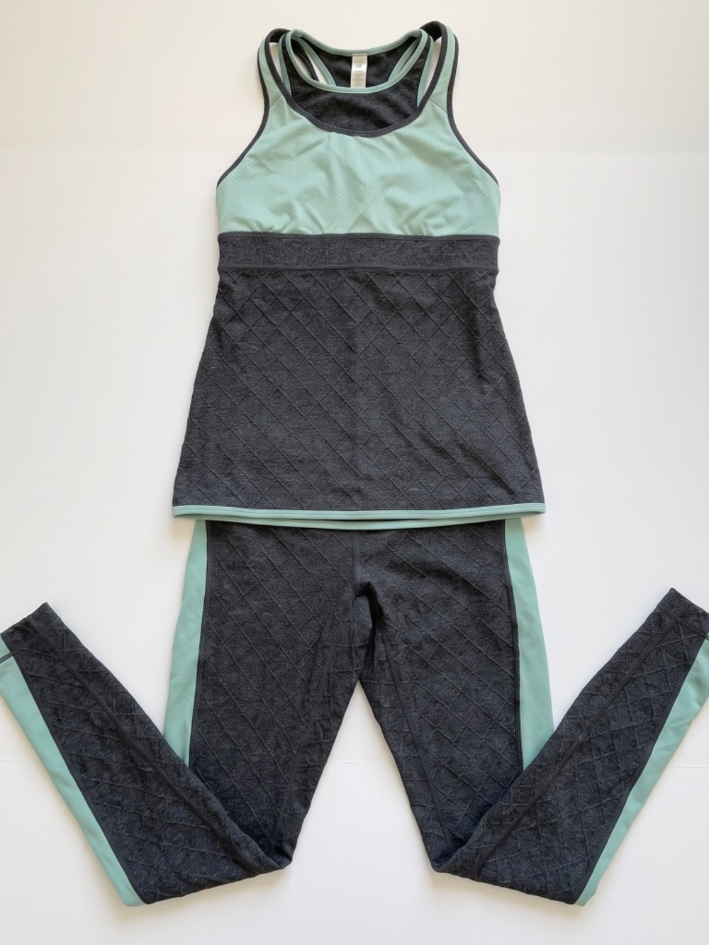 Anthropologie 2-Piece Workout Set Textured Leggings & Racerback Tank Grey Mint